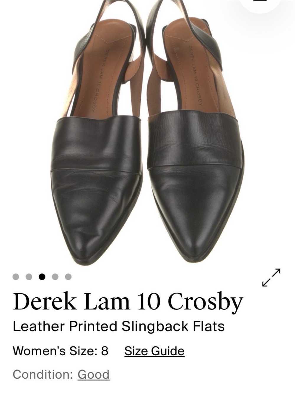 10 Crosby Derek Lam Black Pointed Leather Slingback Flats with Brown Insoles